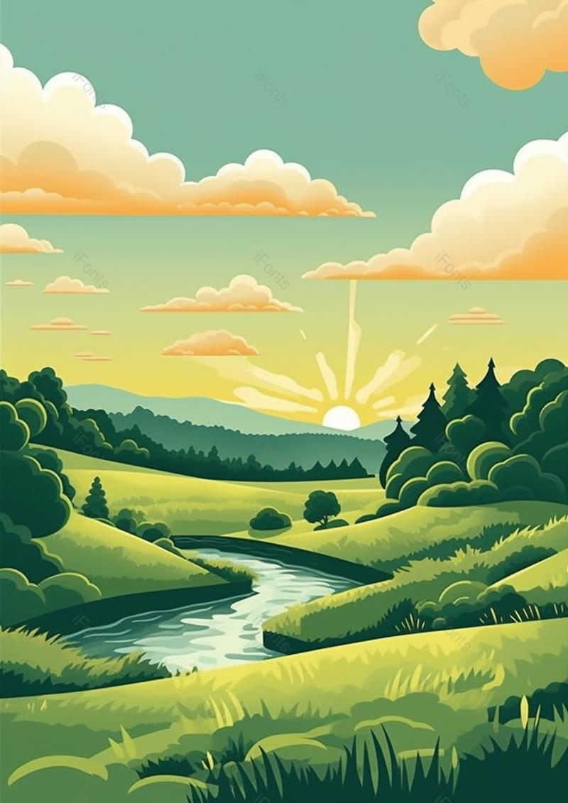 秋天早晨日出自然风景插画手绘背景图,插画/手绘图,插画/手绘图库,插画/手绘图下载,插画/手绘